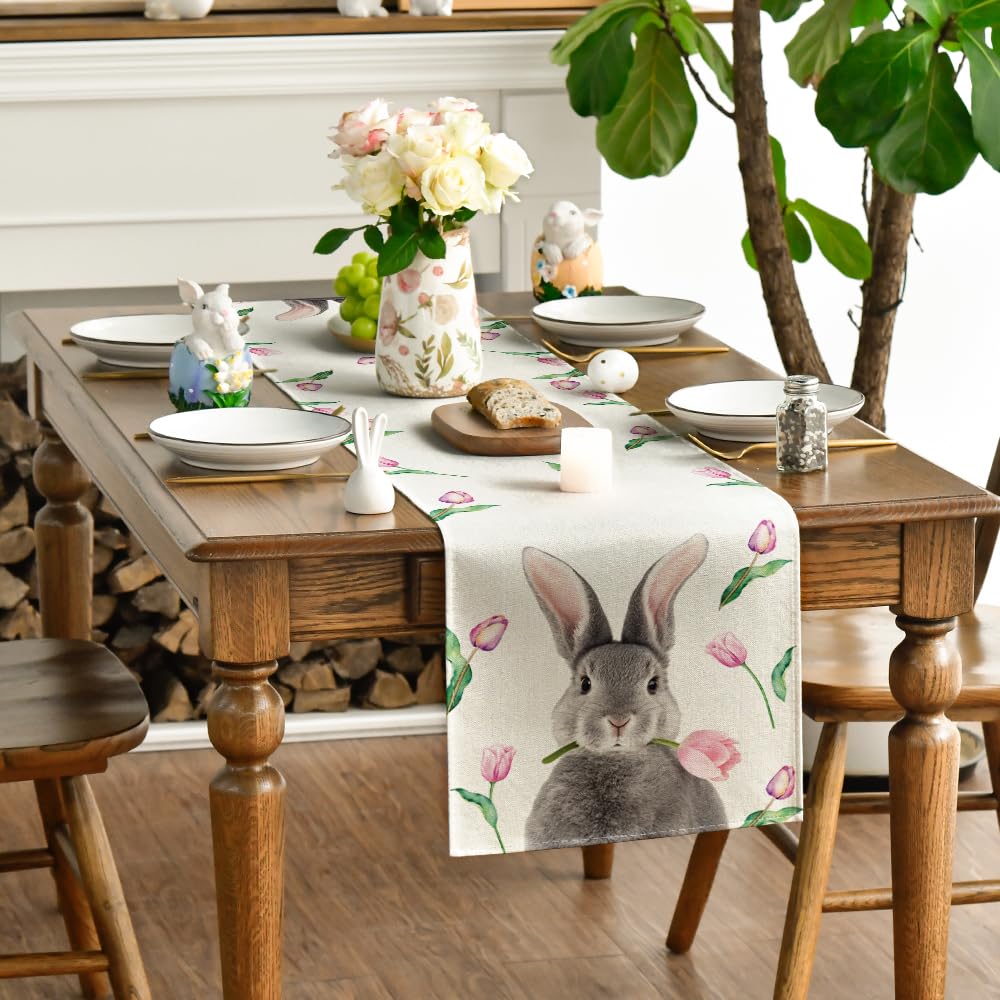 Runner Da Tavolo Pasquale Con Tulipani E Coniglietti - 40x240cm, Lavabile, Decorazione Primaverile - Foto 12
