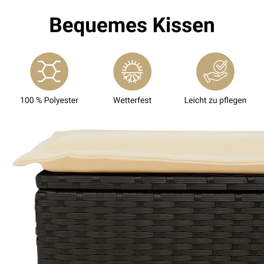 vidaXL Gartensofa mit Kissen 2-Sitzer, Sofa mit Staufach unter Sitzfläche, Terrassensofa mit abnehmbarem waschbarem Bezug, Gartenmöbel Terrassenmöbel, Schwarz Poly Rattan