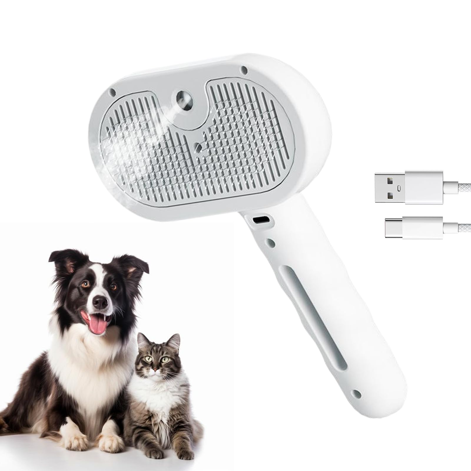 3 in 1 Pet Grooming Brush with Steam and Spray, USB Rechargeable Hair Removal Comb Steam Brush with Water Tank and Mist Release Stainless Steel Teeth for Dog Cat Shedding Detangling (White)