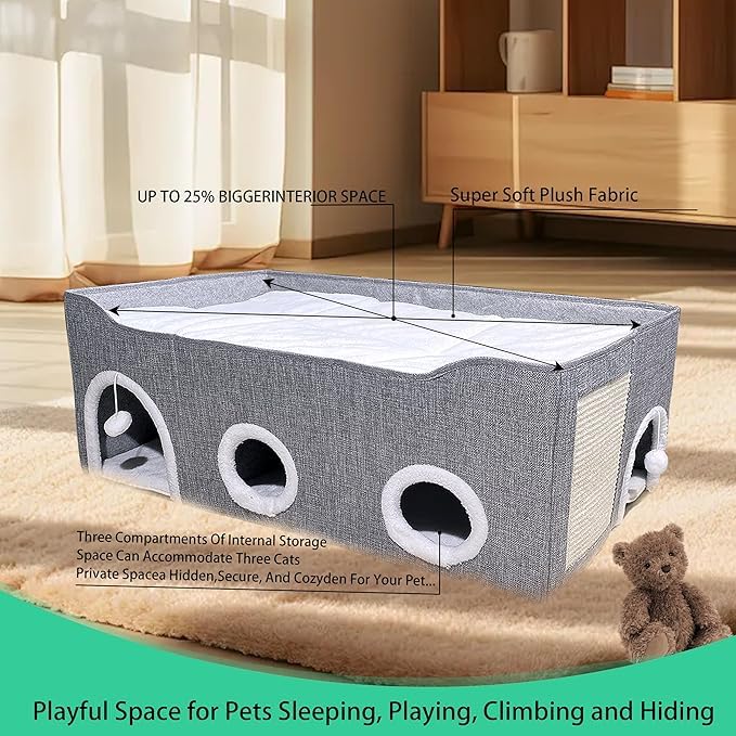 Large Cat House for Indoor Cats, Cat Cave Bed for Large Pet Cats, Foldable Cat Hideaway with Scratch Pad, Covered Cat Bed (grey, XXL)