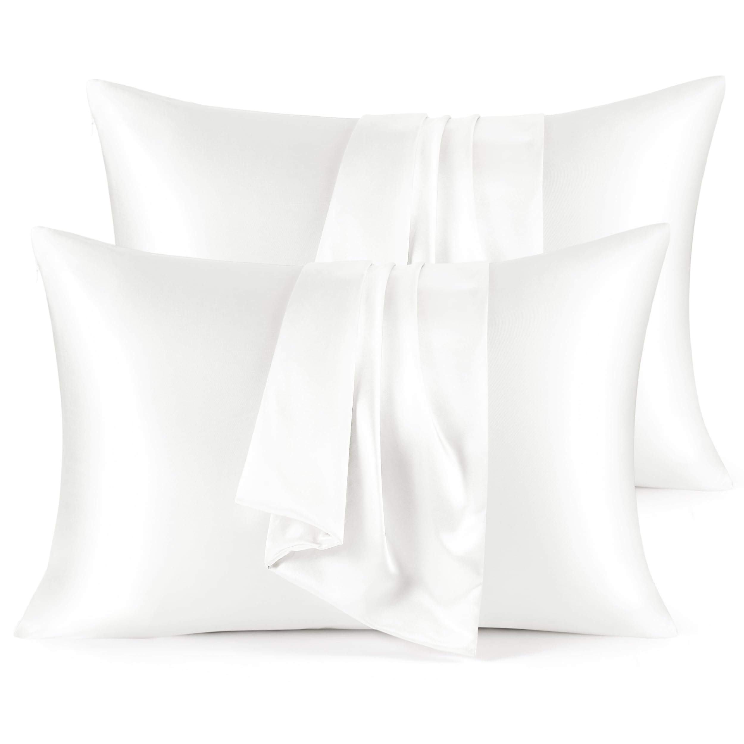 Bedsure Satin Pillowcase for Hair and Skin - White Zipper Pillow Cases Queen Size Set of 4, Similar to Silk Pillow Cases, Silky & Super Soft Cooling Pillow Covers, Gifts for Her or Him, 20x30 Inches