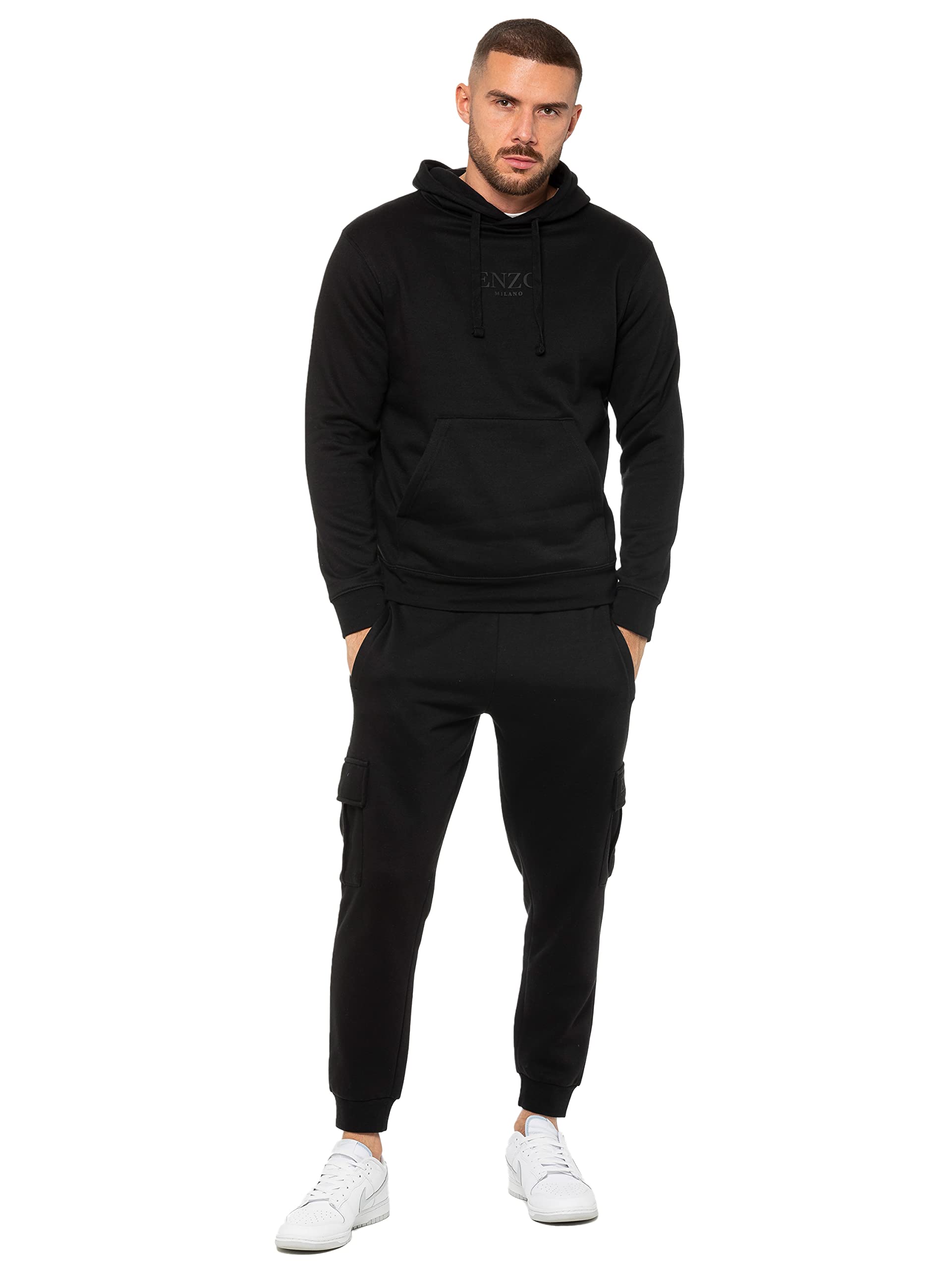 989Zé Enzo Men's Black Tracksuit Hooded Fleece Sweatshirt Overhead Hoodie Pullover Casual Fleece Cargo Combat Joggers Sweatpants Set Ezhd600 & Ezjgc599 L