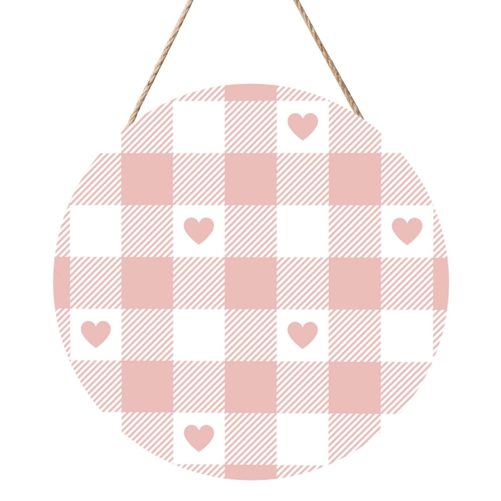 InOmak Cute Heart Pink Buffalo Plaid Pattern, Round Wood Panel Painting 12 in, Wall Hanging Painting For Home