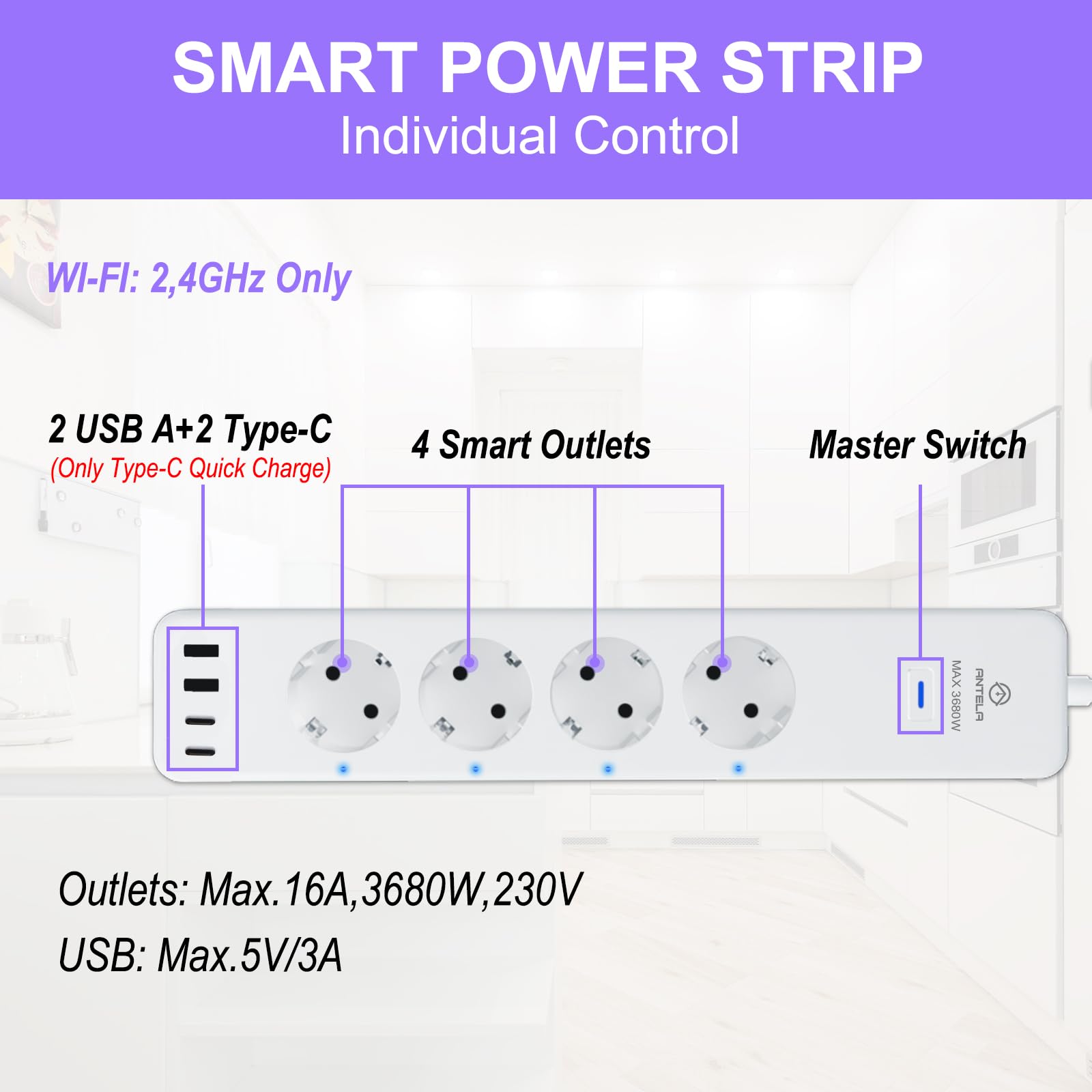 ANTELA Multiprise Connectée WiFi 16A 4 Prises 2 USB A/2 Type-C | Prise Intelligente Mesure de Consommation Électrique, Compatible avec Alexa/Google Home, Smart Life APP, Fonction de Temps