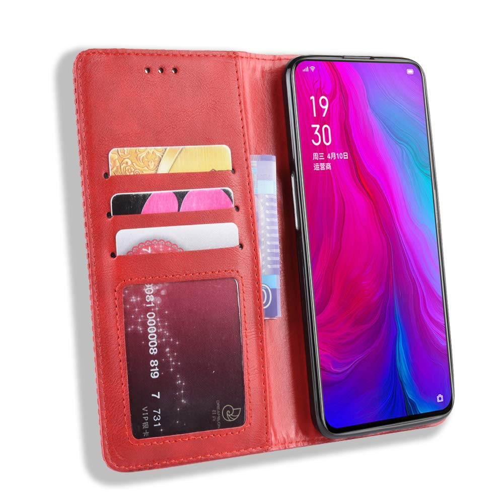 Custodia Magnetica In Pelle Per Oppo Reno (CPH1917/PCAT00/PCAM00) - Cover Rossa Con Porta Carte E Supporto - 2