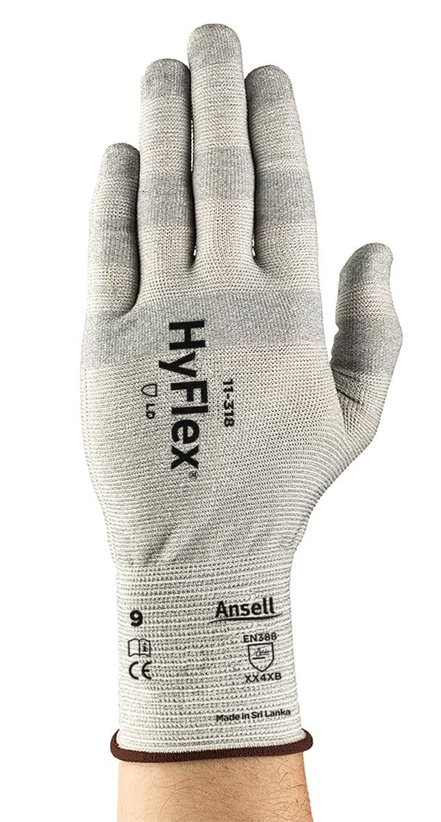 Ansell HyFlex 11-318 Guantes de Trabajo Multiuso, Protección Mecánica, Tejido Ultra Ligero, Sin Silicona y Antiestáticos, Compatible con Pan, Talla Táctiles,