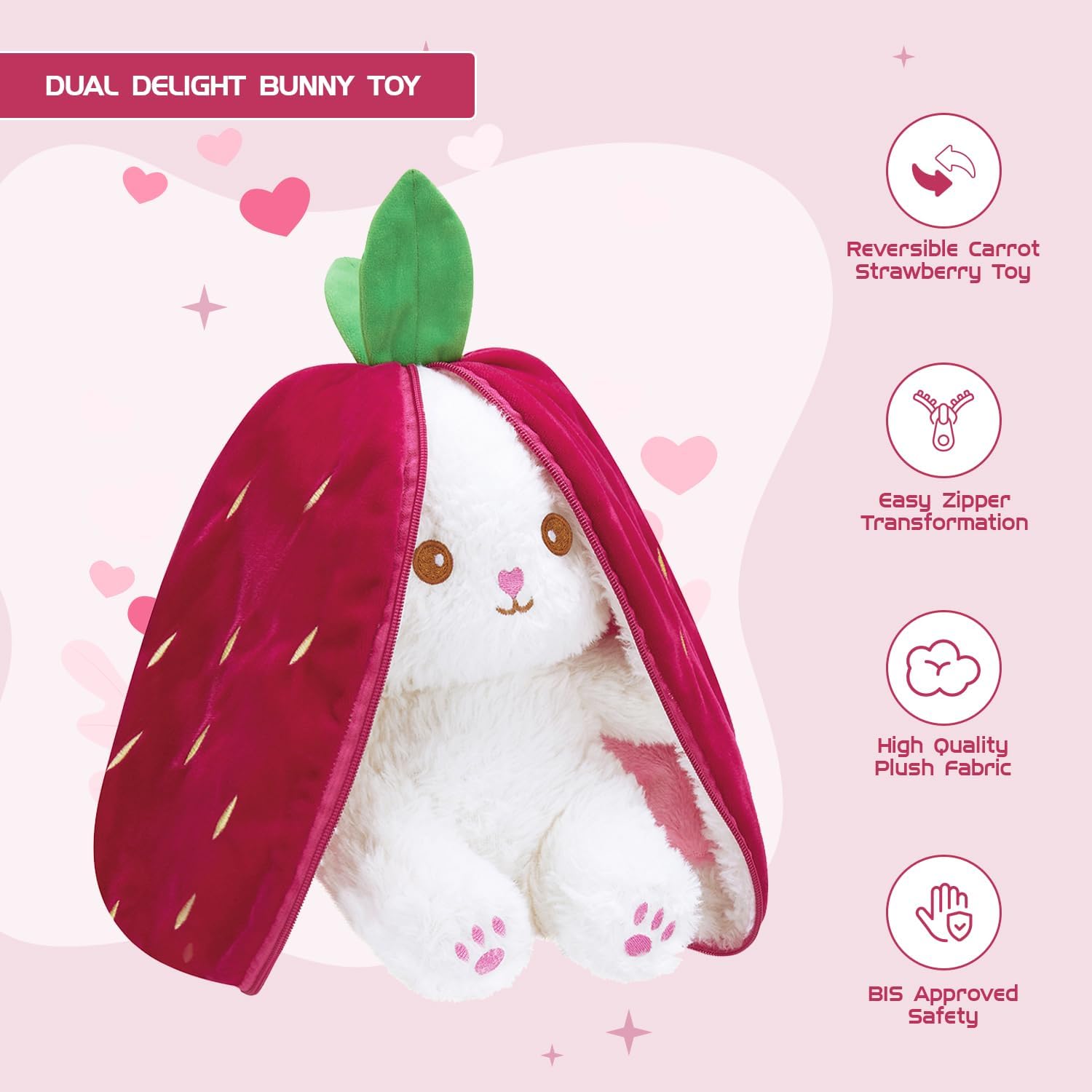 HUG 'n' FEEL SOFT TOYS Strawberry Rabbit 30cm Soft Toy Plush Toy | Big Stuffed Animal | Ultra Soft, Huggable & Cuddly Gift for Kids, Girls, Boys | Perfect for Birthday, Valentine's Day 1