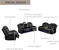 Vista 5 de Juego de sofá reclinable eléctrico de cuero de 3 piezas con carga USB, iluminación ambiental LED y consola de almacenamiento, sofá modular