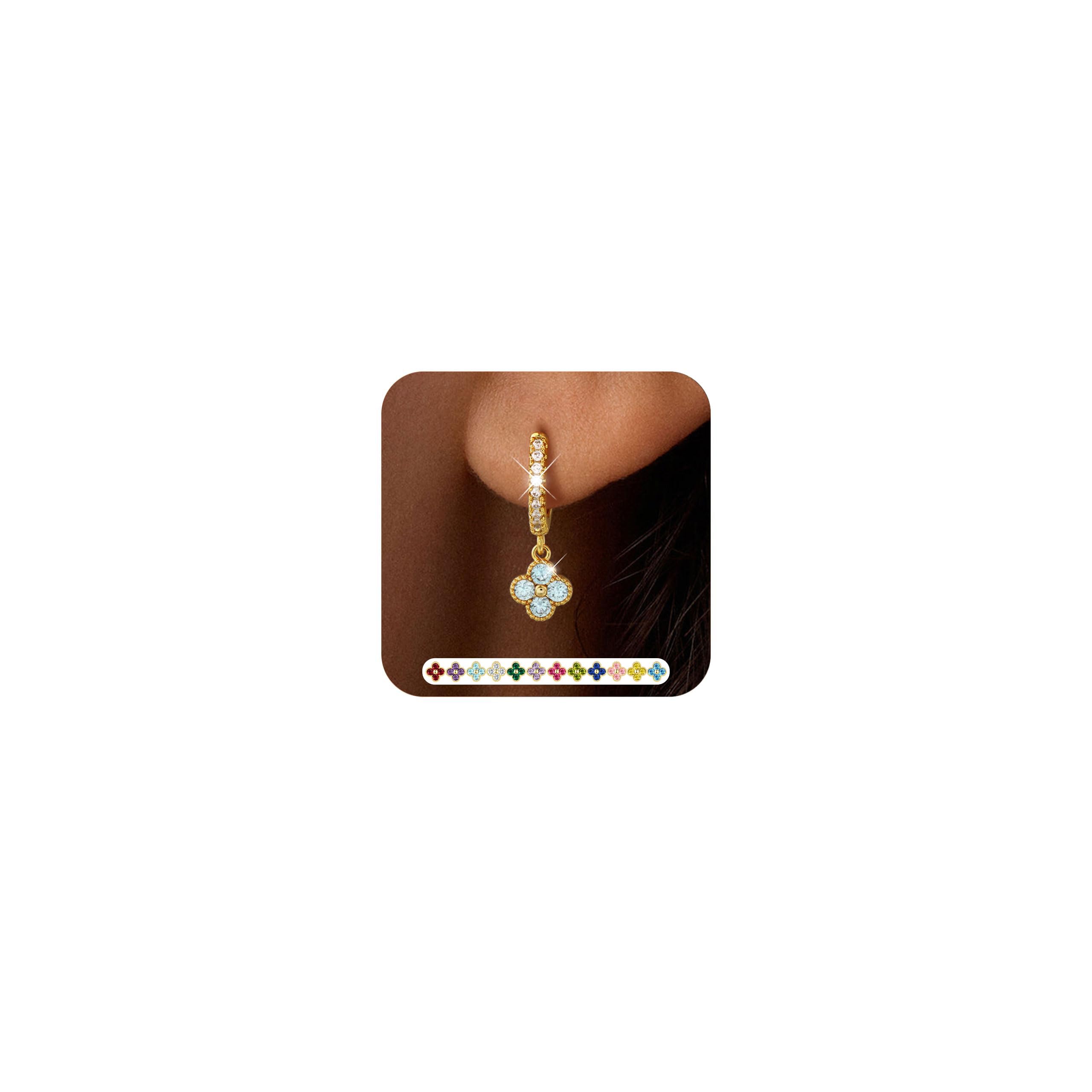ZNBOH Ohrringe Gold Hängend für Damen 18K Vergoldete Klein Creolen Kleeblatt Geburtsstein Ohrringe mit Stein Amethyst Aquamarin Rubin Damenohrringe Hypoallergene Wasserfest Schmuck Geschenk Freundin