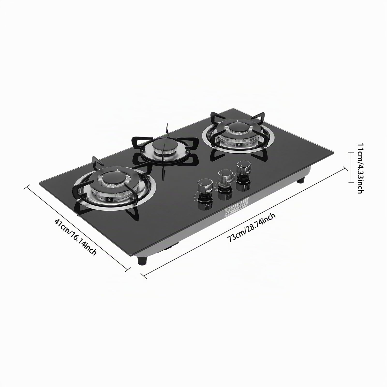 Fornello a gas in vetro da incasso, piano cottura a gas a 3 fuochi Gas Stove, fornello a gas per piani cottura LPG/NG, incluso supporto per pentole, telaio smaltato e testa del forno in alluminio