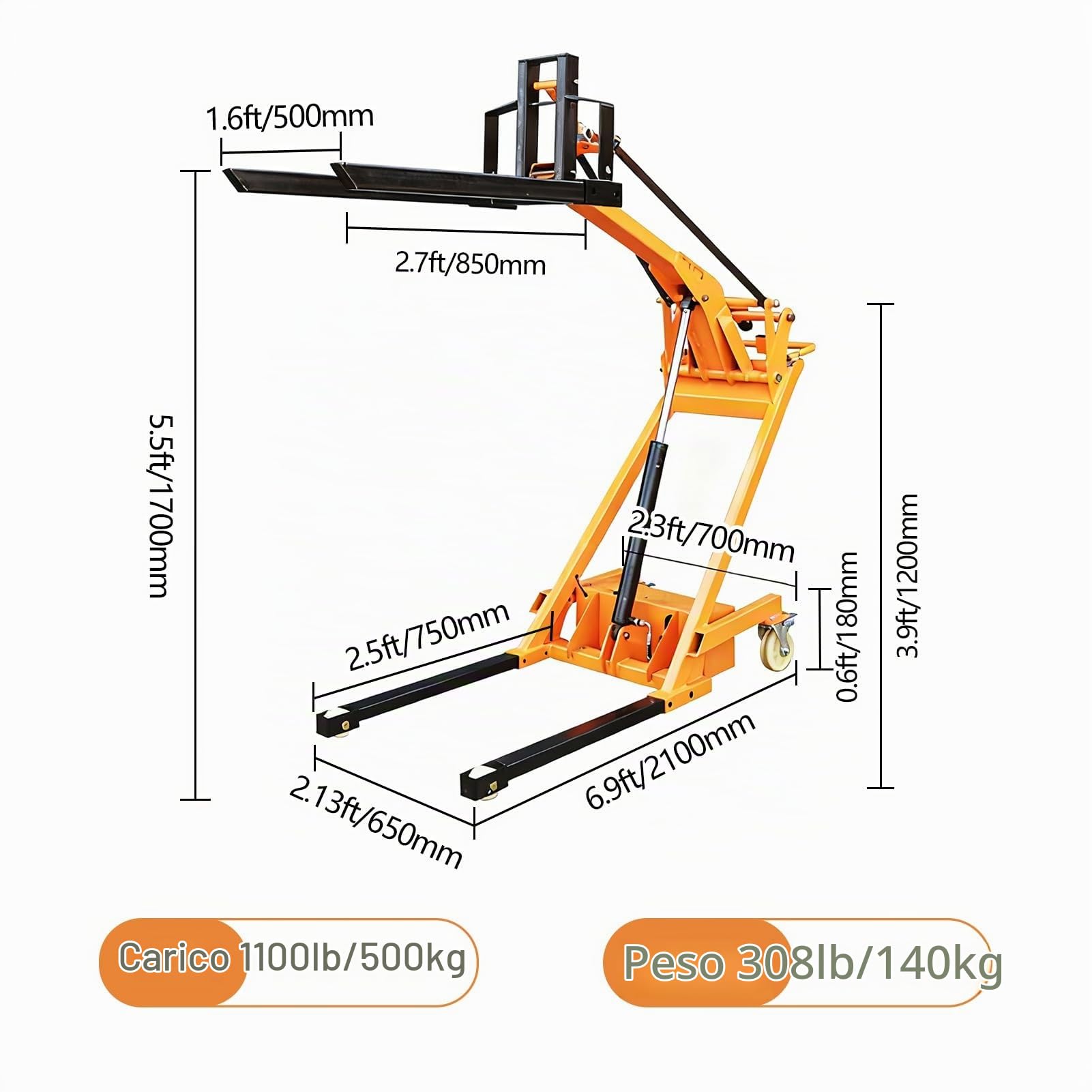 Transpallet elettrico telescopico, maneggevole idraulico pieghevole con capacità di 499 kg per il sollevamento di materiali in fabbrica e supermercato