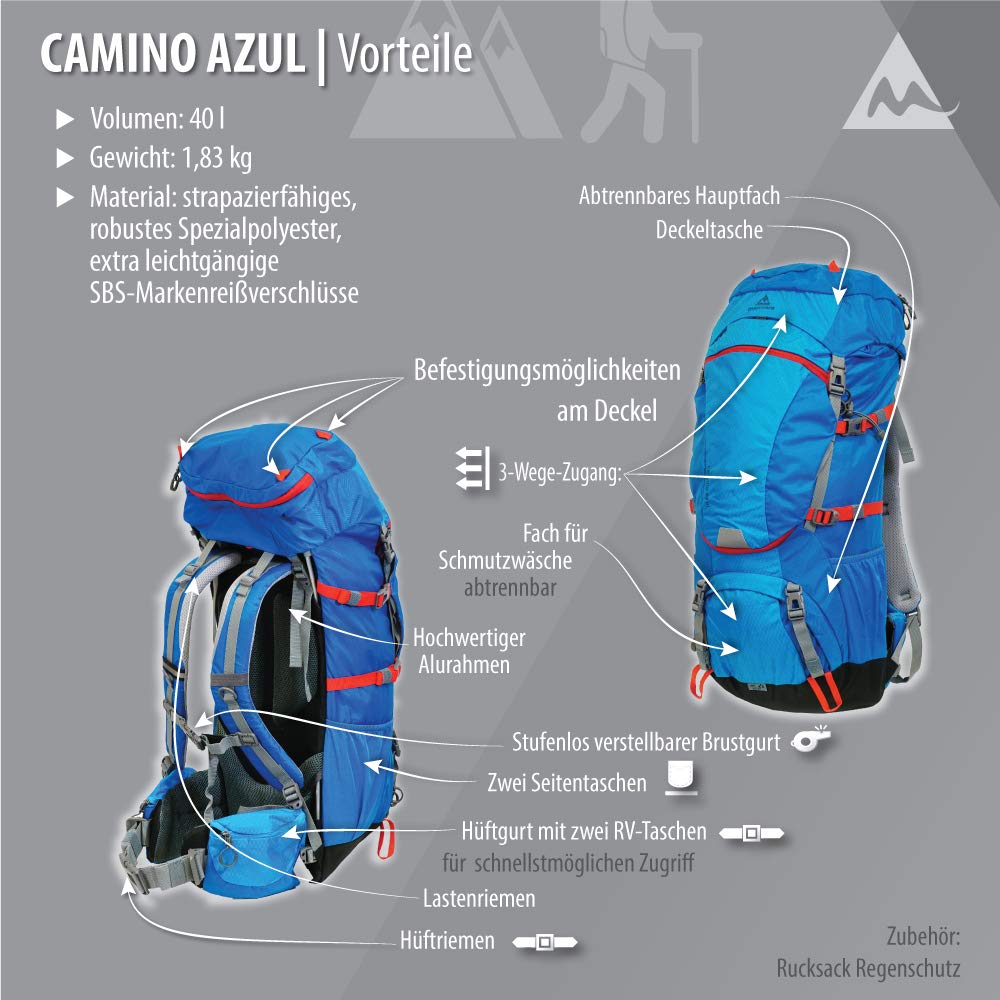 Camino Azul plecak trekkingowy, 40 l, z otworem z przodu i 3-kierunkowym dostępem, pokrowiec przeciwdeszczowy w zestawie, idealny do wędrówek, trekkingu lub jako plecak pielgrzymski,