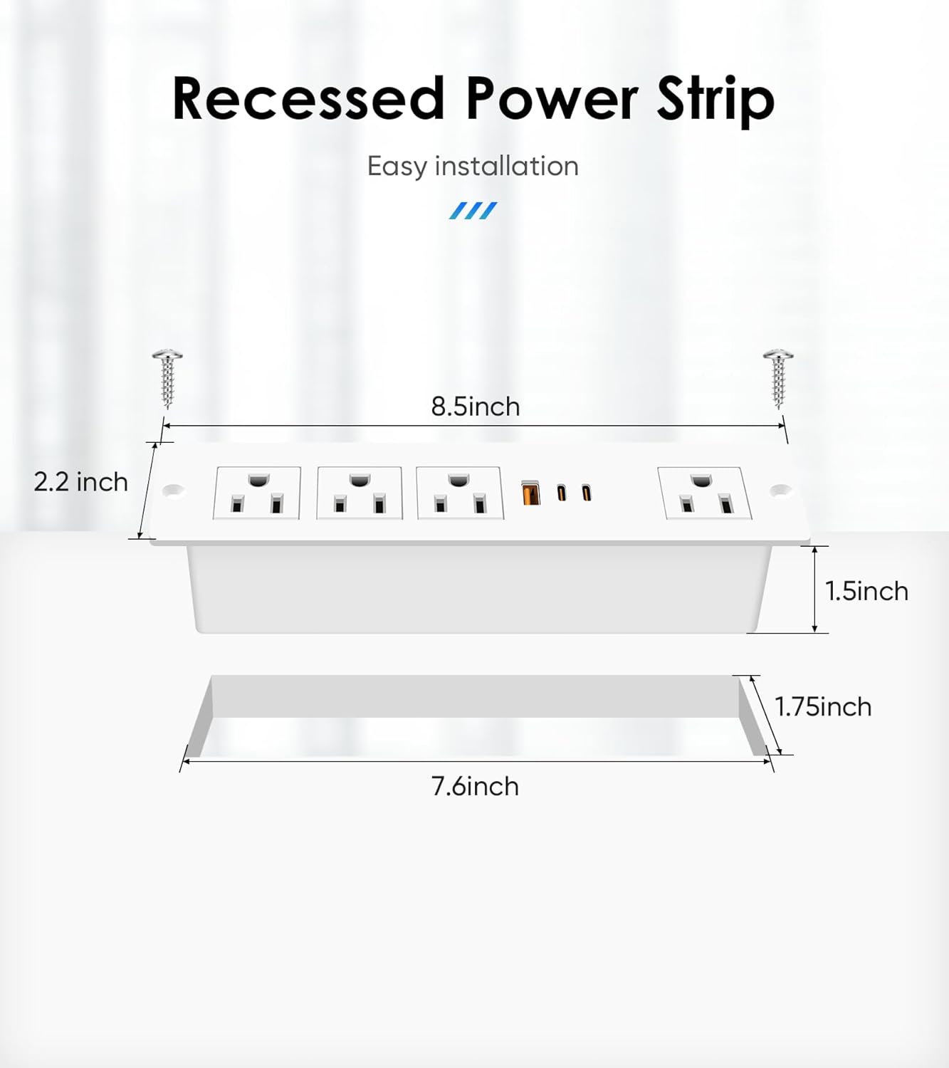 Recessed Power Strip with PD 30W USB C Port,Furniture Flush Mount Desk Recessed Outlet,4 AC Outlets & 3 USB Port,6FT Cord & Ultra Thin Flat Plug