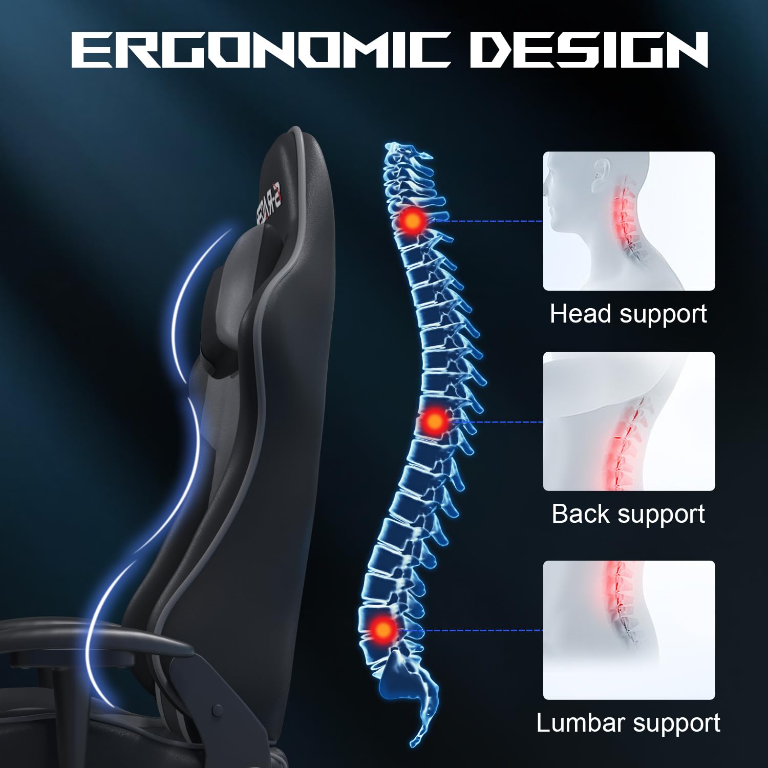 JUMMICO Ergonomiczne krzesło gamingowe, z podparciem okolic lędźwiowych, do komputera, z regulacją wysokości, obciążenie 150 kg, kolor szary