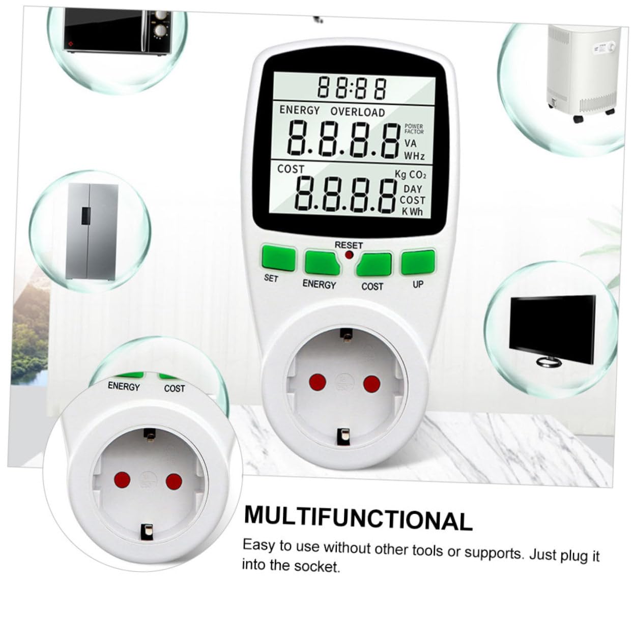 Misuratore di Consumo Elettrica con Display Lcd Digitale Ac230v | Max 16a, 50hz, Abs Bianco, Consumo 0, 5w, Lettura Retroilluminata, Uso Semplice