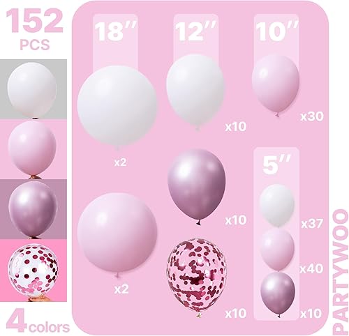 Miniatura 2 de PartyWoo Kit de Guirnalda de Arco de Globos Rosa Bebé 152 piezas, Diferentes Tamaños de 18, 12, 10, 5 Pulgadas, Globos Blancos Pastel Claro, Rosa