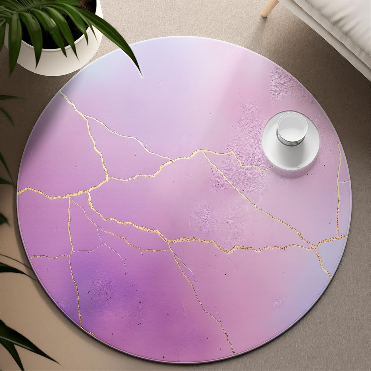 Gold Cracks rutschfeste Rundteppiche 100cm Lila Rosa-Gold Marmor weicher waschbarer niedriger Runder Teppich für Wohnzimmer Schlafzimmer Haustür