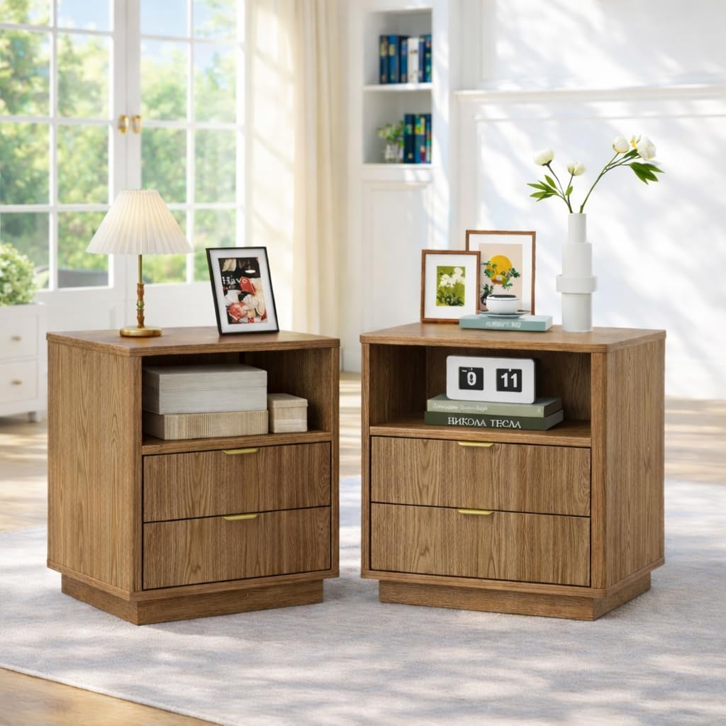 Fluted Nightstands Set of 2 - Walnut Nightstand with 2 Drawers & Open Shelves, 22" Wide Large Bedside Stand Modern Storage Wooden Side Tables for Bedroom (Natural Oak)