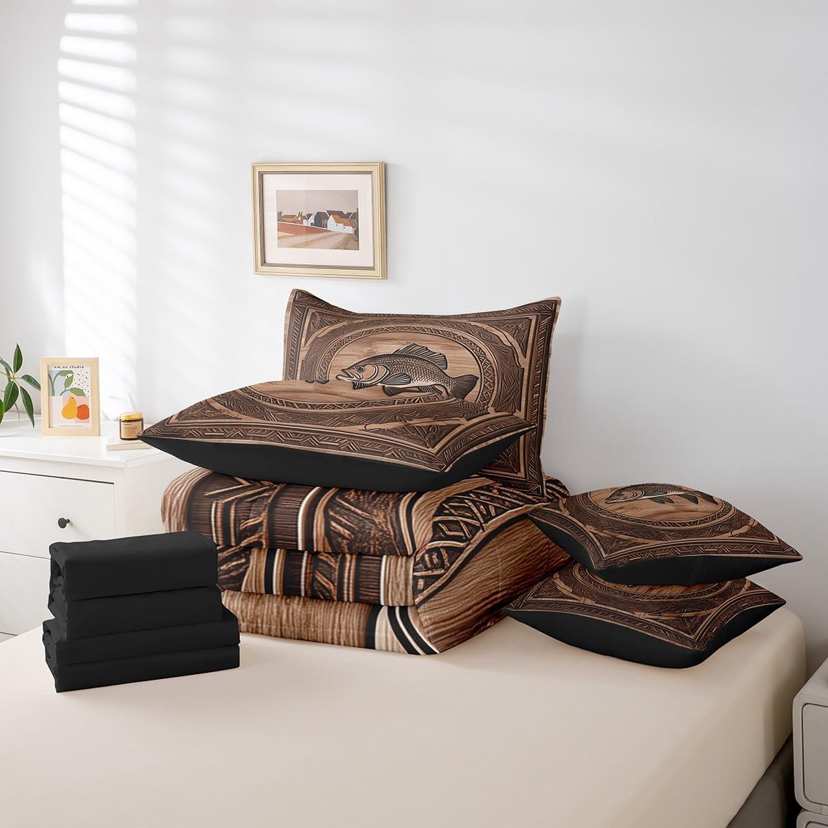 Farmhouse Fashing 7 Pcs Comforter Set Full Bed in a Bag,Vintage Wooden Texture Bed Set Room Decor,Hunting and Fishing Bedding Sets with Comforter,Flat,Fitted Sheet,Pillowcases,Pillow Covers