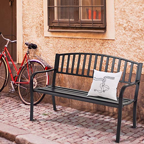 Image of Giantex Outdoor Bench, 50 inch Patio Garden Bench with Steel Frame, Slat Design, 500 Lbs Weight Capacity, Patio Seating Bench for Porch, Backyard, Poolside, Outside Decor Furniture, Park Loveseat, Black