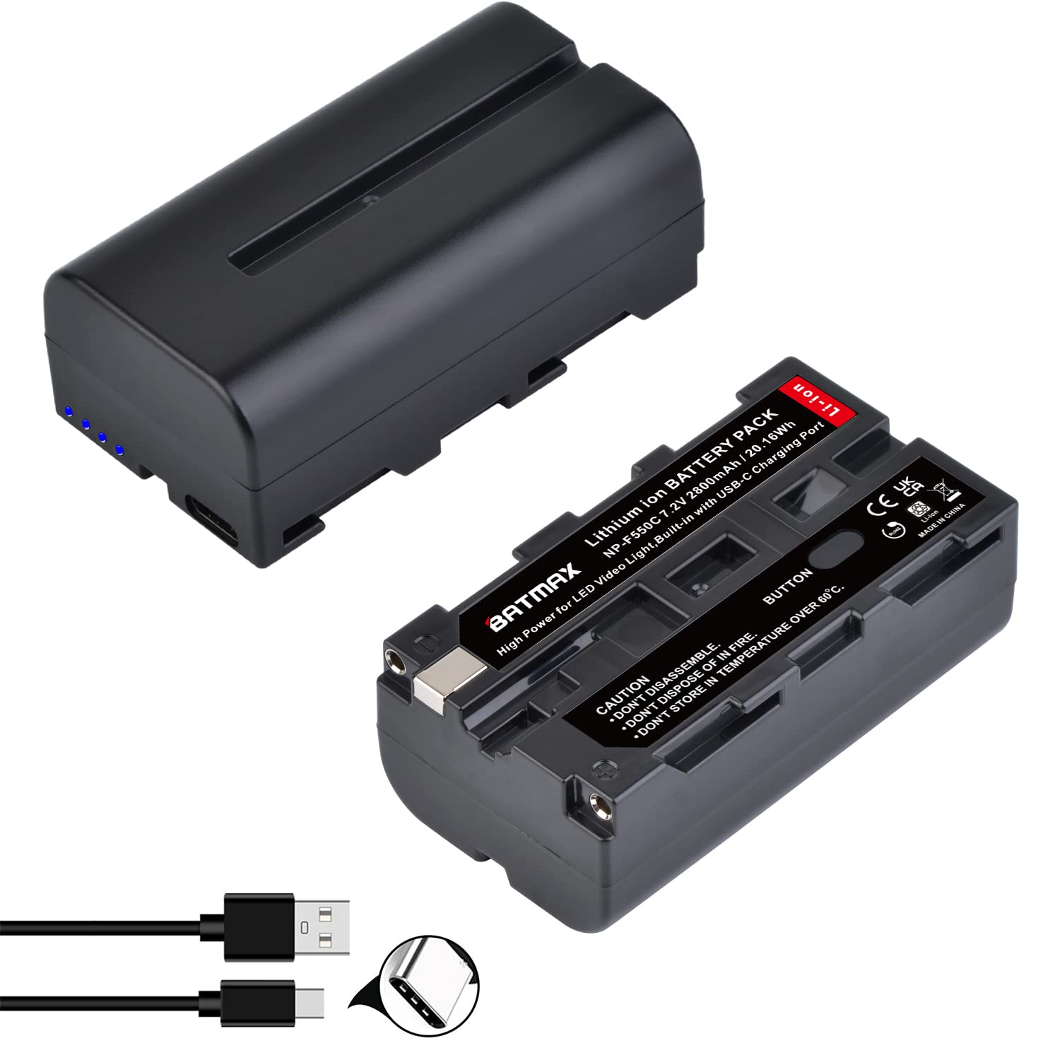 Batmax YONGNUO Godox - Batteria ricaricabile NP-F550 da 2800 mAh con indicatore LED+porta di ricarica di tipo C per luce video a LED NP-F550 F570 F960 F750 F770 F970 F930 Camcorde Yongnuo Godox