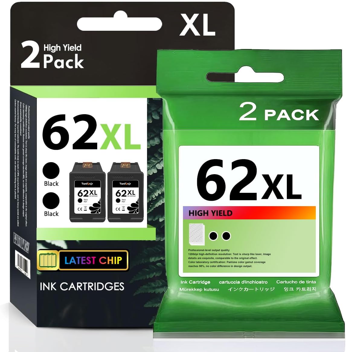 62XL Ink Cartridges 2 Black Replacement for HP Ink 62 62XL for Envy 5660 7640 5740 7645 5540 5746 OfficeJet 250 200 Printer Ink