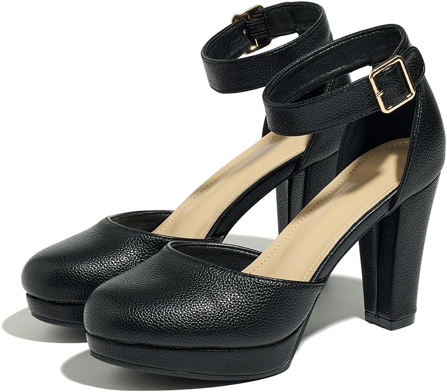 Women's High Block Heels Pumps Round Closed Toe Ankle Strap Wedding Dress Shoes