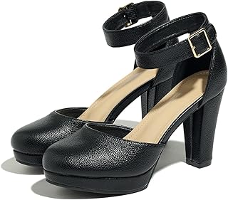 Lyngixko Women's High Block Heels Pumps Round Closed Toe Ankle Strap Wedding Dress Shoes