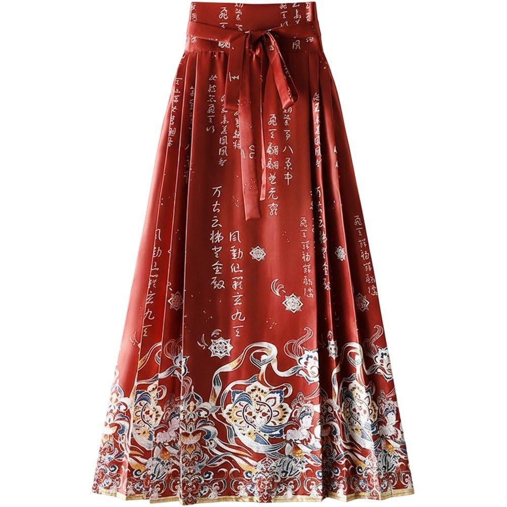 Jupe Hanfu longue trapèze plissée imprimé floral style chinois motif tête de cheval