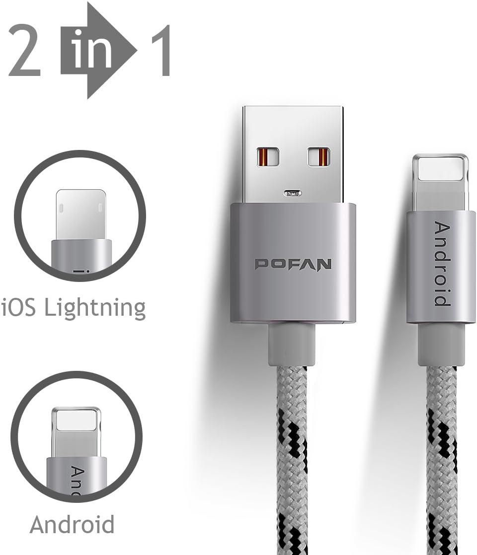 Nylon Braided Universal USB to Lightning + Micro USB Cable for both Apple and Android Phones (2-in-1 integrated interface) (Silver 1ft)