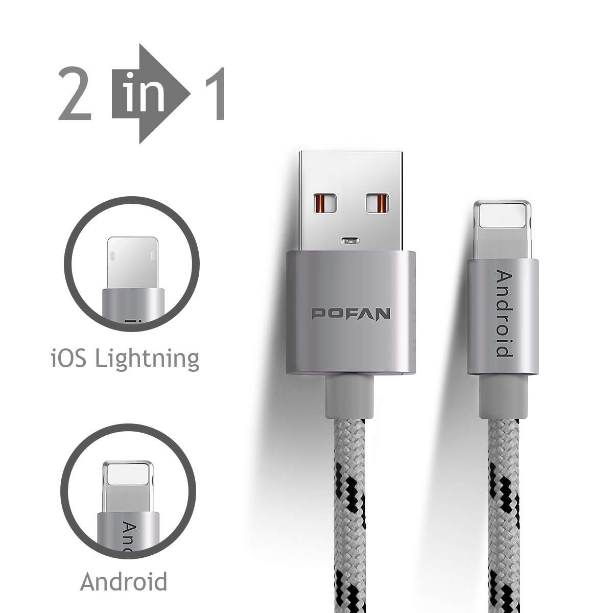 Nylon Braided Universal USB to Lightning + Micro USB Cable for both Apple and Android Phones (2-in-1 integrated interface) (Silver 1ft)