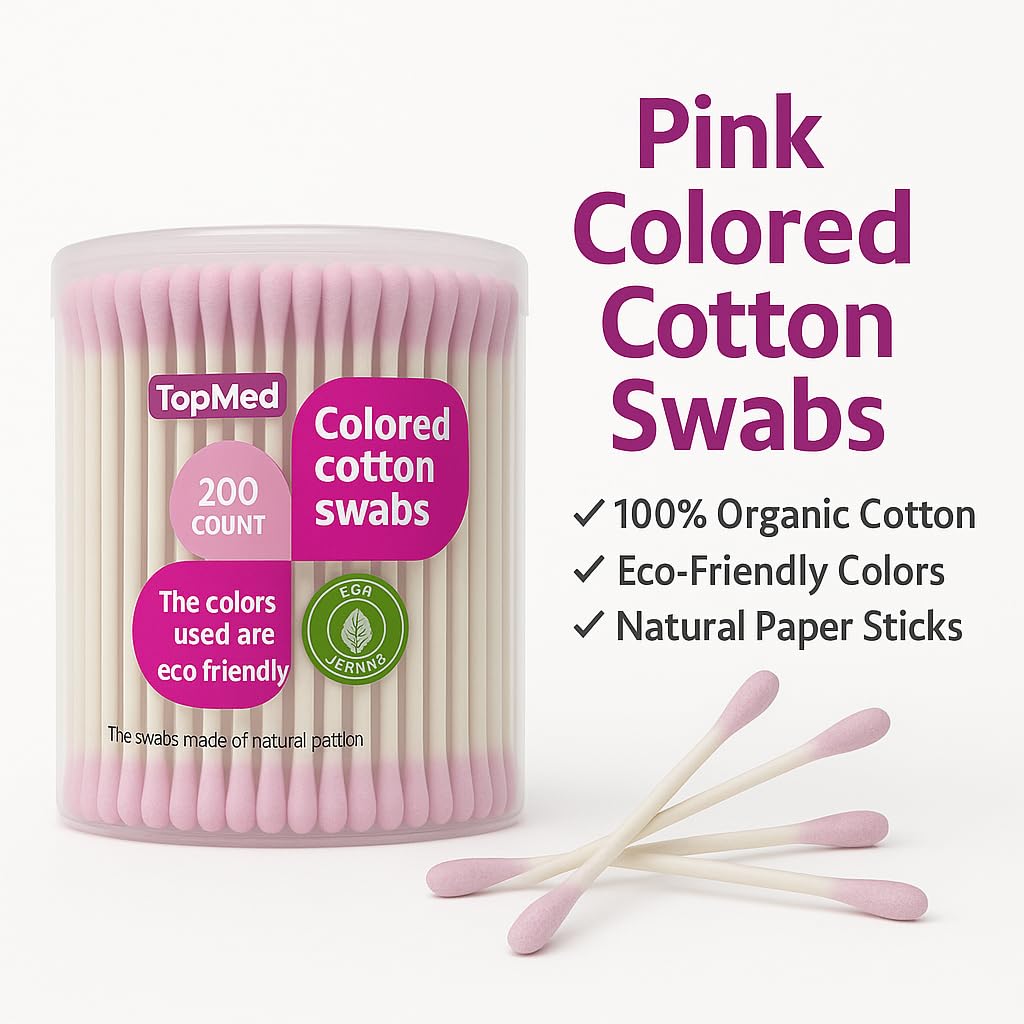 TOPMED PAPER COLOR COTTON BUDS IN A ROUND BOX 200 PCS PINK 100% Cotton Sticks