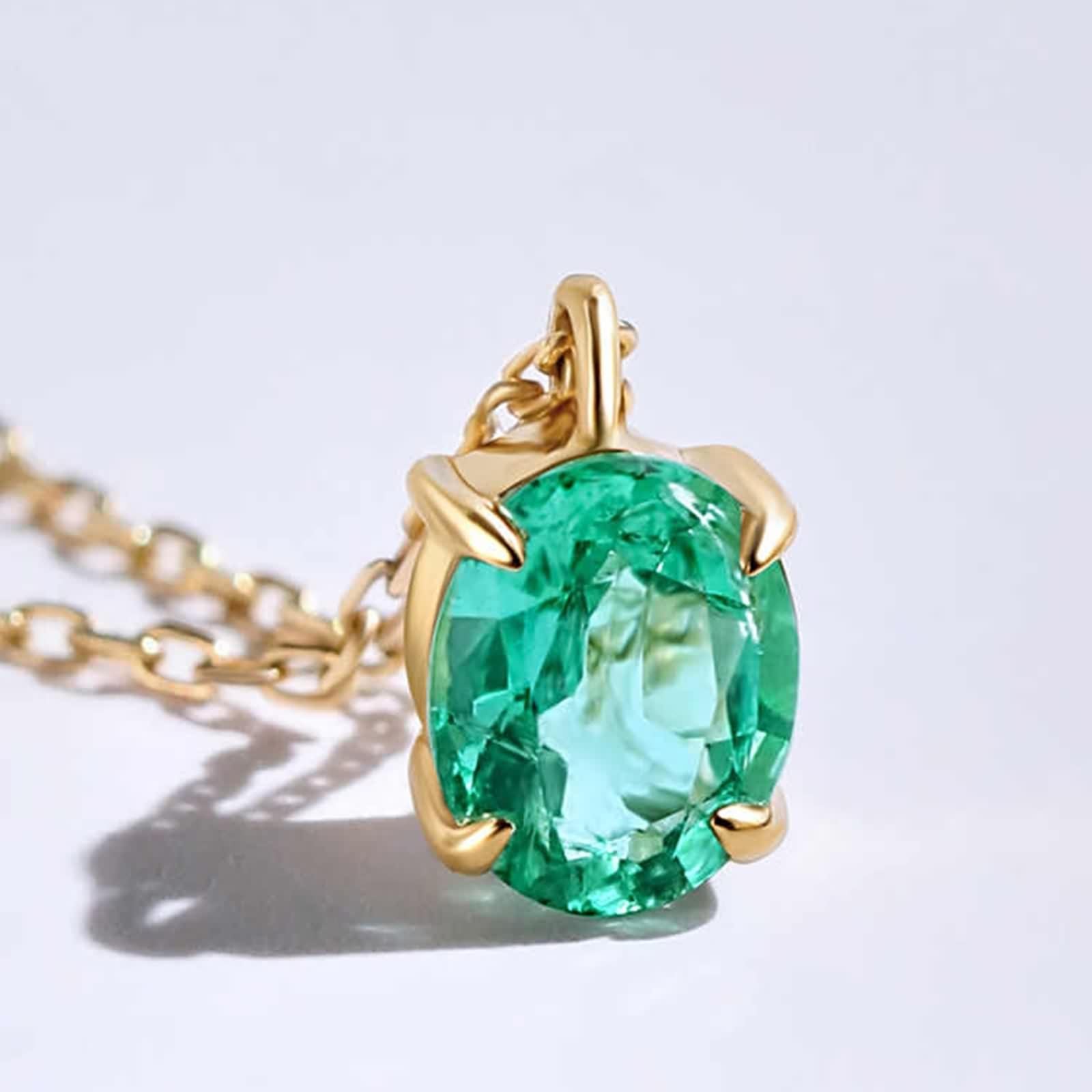 Collar de oro amarillo, collar largo para mujer, esmeralda verde, cadena con colgante de 1 quilate, moda para mamá, esposa, novia