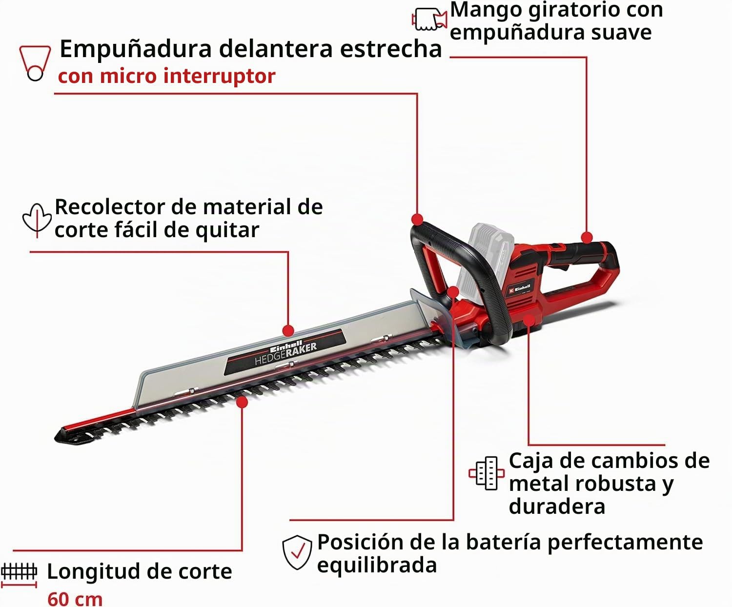 Einhell Cortasetos inalámbrico GE-CH 18/60 Li-Solo Power X-Change (18 V, Longitud de Corte de 60 cm, Distancia Entre Dientes de 22 mm, Mango Giratorio, Incluye colector de Cortes, sin batería)