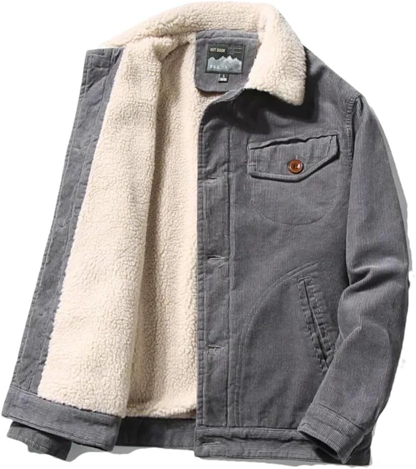 HEYDHSDC Men's Winter Plus Fleece Jackets Corduroy Tooling Casual Parka Solid Color Cotton Jacket Coats