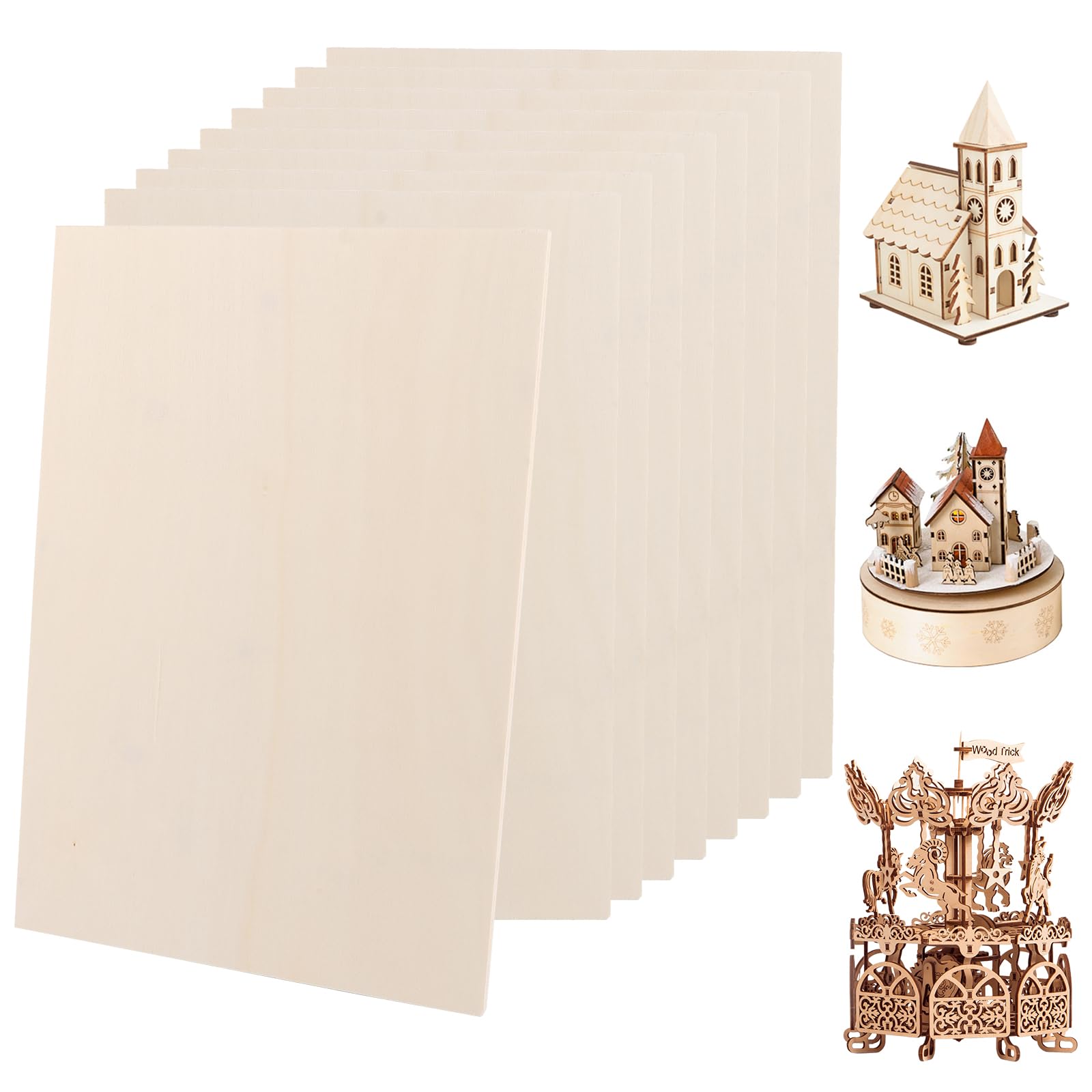 10 Pezzi Pannello Compensato A4, Pannelli Legno di Pioppo 300 x 210 x 5 mm, Fogli Naturali per Modellismo, Fai da Te, Pittura e Taglio Laser Studio