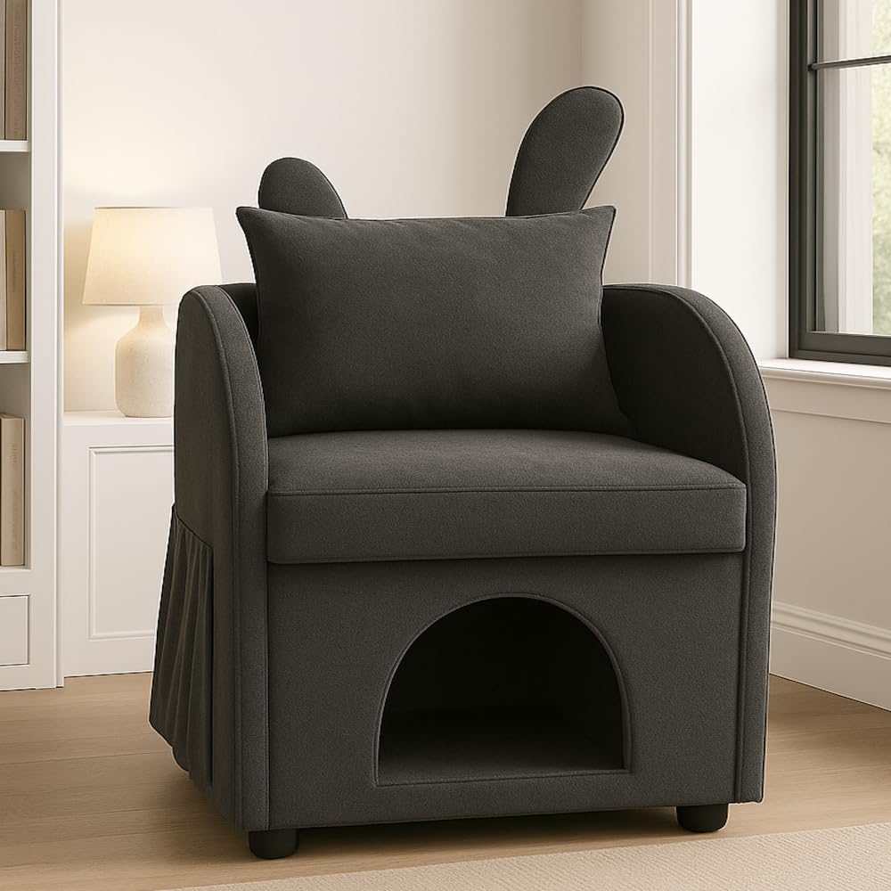 Beige Bunny-Ear Pet-Friendly Armchair with Built-in Cat &amp; Dog Hideaway, Cozy Dual-Use Sofa Chair with Side Pocket, 27.4 x 25.2 x 37.4 inch (Dark Gray)