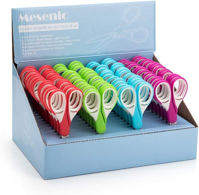 Mesenic Kids Scissors (48 Count Teacher Pack, Rounded-tip, 13cm) - 5.1 Soft Touch Blunt School Student Scissors Shears MS-001-A (Pack of 48)