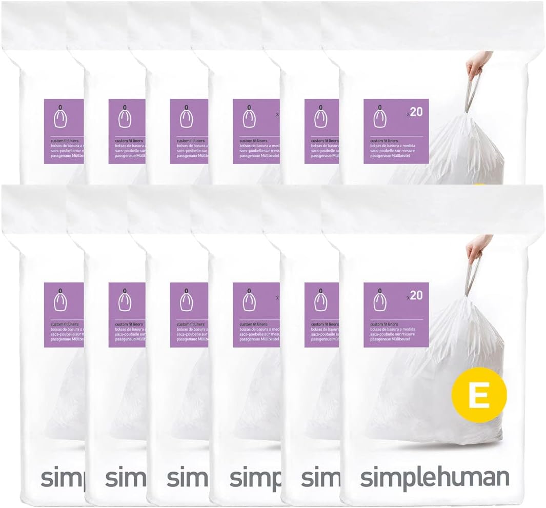 simplehuman Code E Custom Fit Drawstring Trash Bags, 20 Liter/5.2 Gallon, 12 Refill Packs (240 Count)