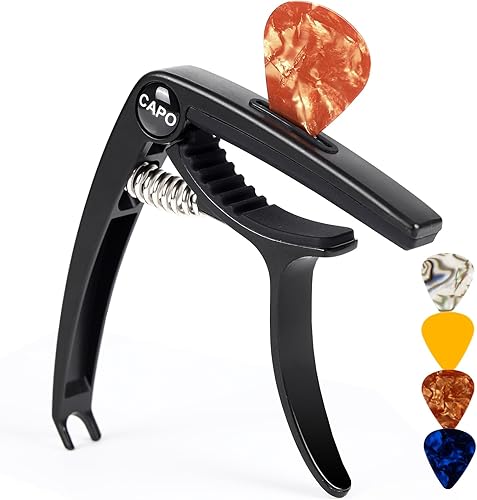 Cejilla de guitarra, cejilla de metal de zinc 3 en 1 para guitarras acústicas y eléctricas (con soporte para púas y 4 púas), ukelele, mandolina,
