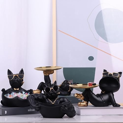 Miniatura 7 de Estatua de bulldog francés negro, cuenco para dulces y llavero, bandeja de almacenamiento de joyas, ideal para decoración moderna del hogar,