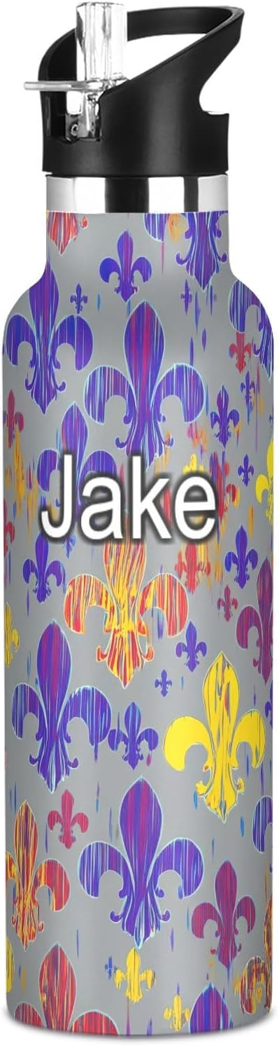 Botella de agua personalizada para niños con pajilla, botella personalizada de 20 onzas para niños y niñas, sin BPA, Mardi Gras lirio francés