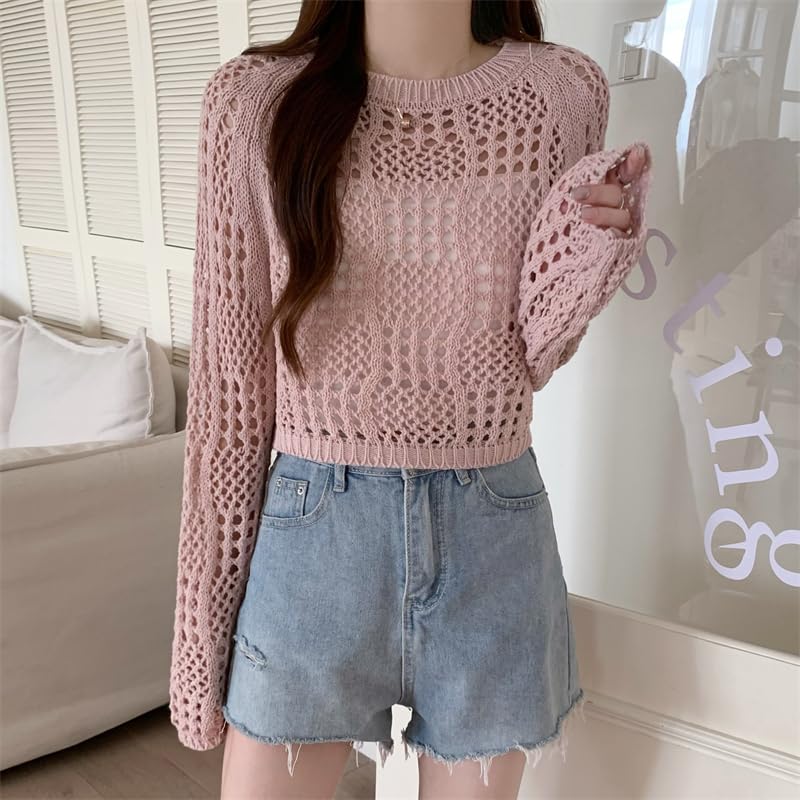 Image of ICW Women's Knitted Crochet Transparent Long-Sleeve Hollow Out Sheer Pullover Top T-Shirt Sweater Dn61 (One Size Fit XS-S-M-L)