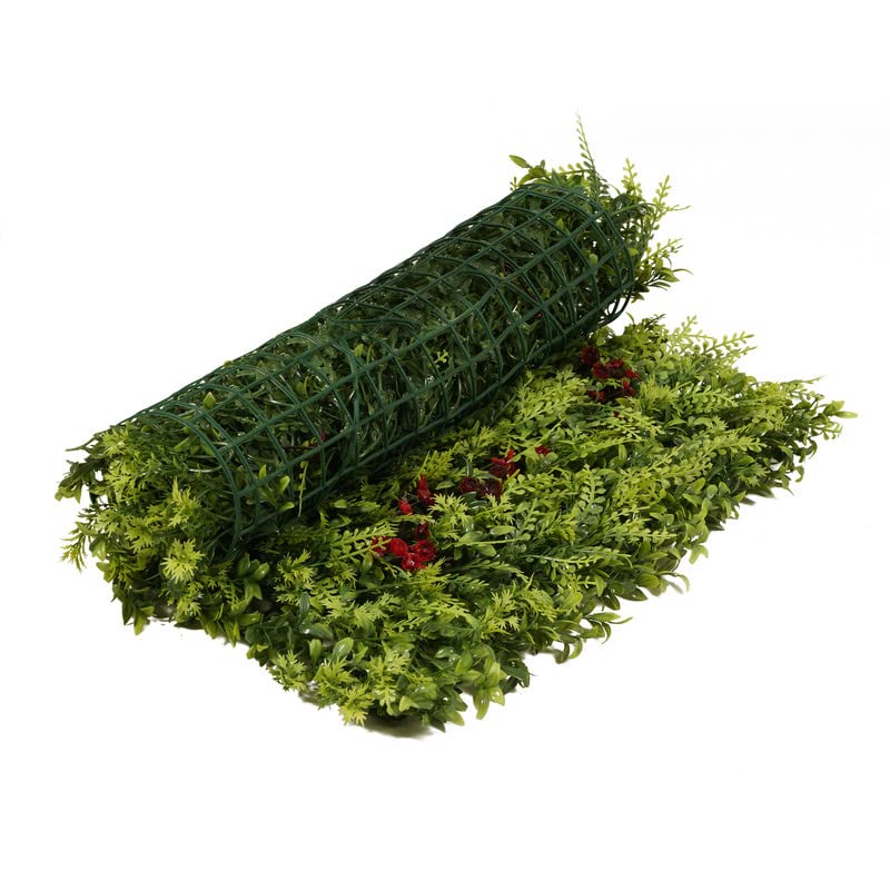 Image of Wall Grass (4 Pcs), Artificial Grass for Wall Decoration, Vertical Garden Artificial Mat, Artificial Grass Tiles for Balcony (Green and Red Flowers, 60cm x 40cm x 8cm, Pack of 4)