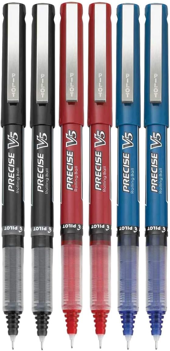 Precise V5 Stick Rolling Ball Pens, Extra Fine Point (.5mm), Assorted Colors Black/Blue/Red Ink, 7-pk; Bundle with Plastic Reusable Pouch