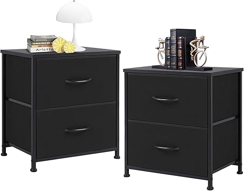 Miniatura 15 de NEWBULIG Mesita de noche con 2 cajones de tela, cómoda pequeña de 25 pulgadas de alto, mesita de noche con almacenamiento para dormitorio, armario,