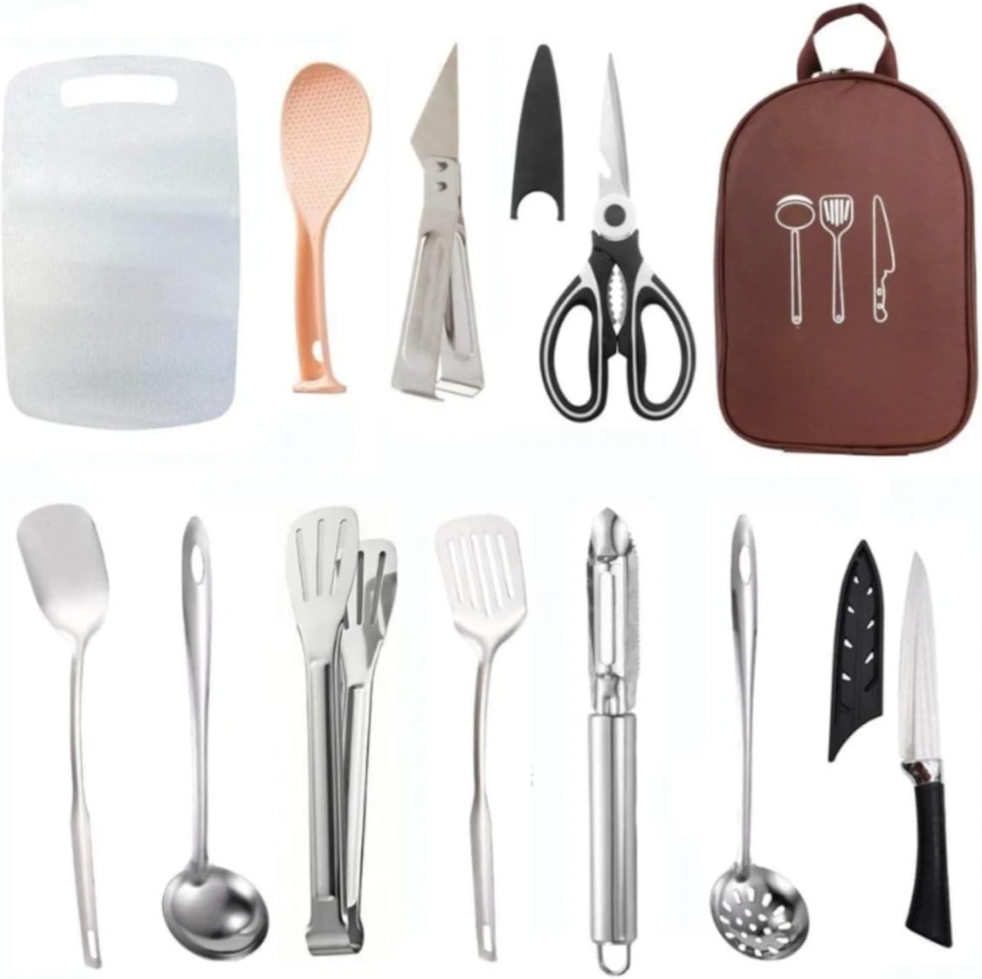 Coffee Color Portable Camping Kitchenware Set Organizer Bag with 12 Pieces