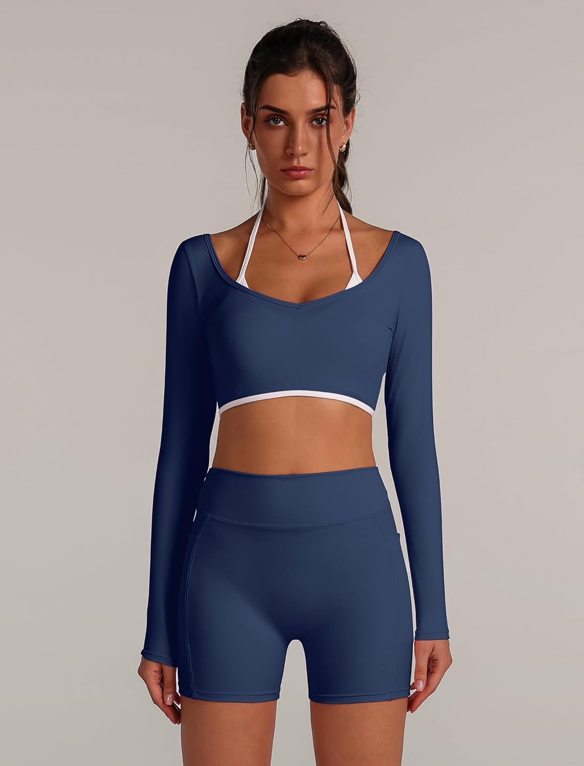 ABOCIW Workout Sets for Women Long Sleeve Layers Crop Top High Waist Biker Shorts with Pocket 2 Piece Yoga Outfits - Image 2