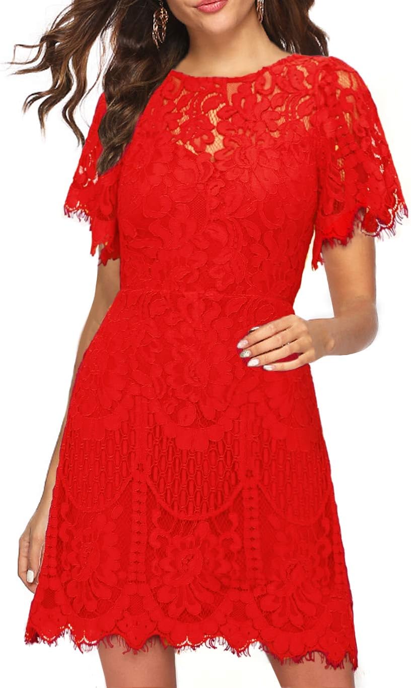 MSLGWomen's Elegant Round Neck V-Back Wedding Guest Floral Lace Cocktail Party A Line Dress 910
