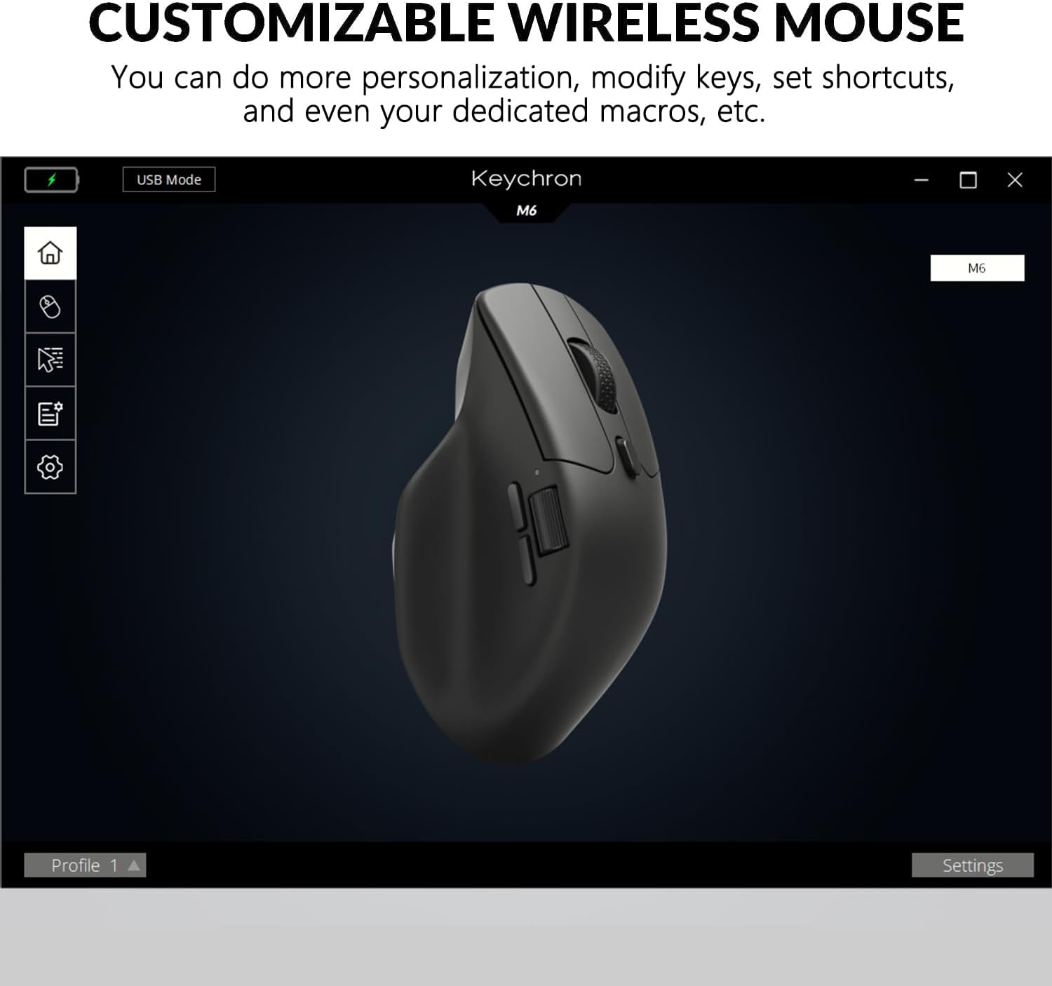 Keychron M6 mouse on a wooden desk next to a keyboard